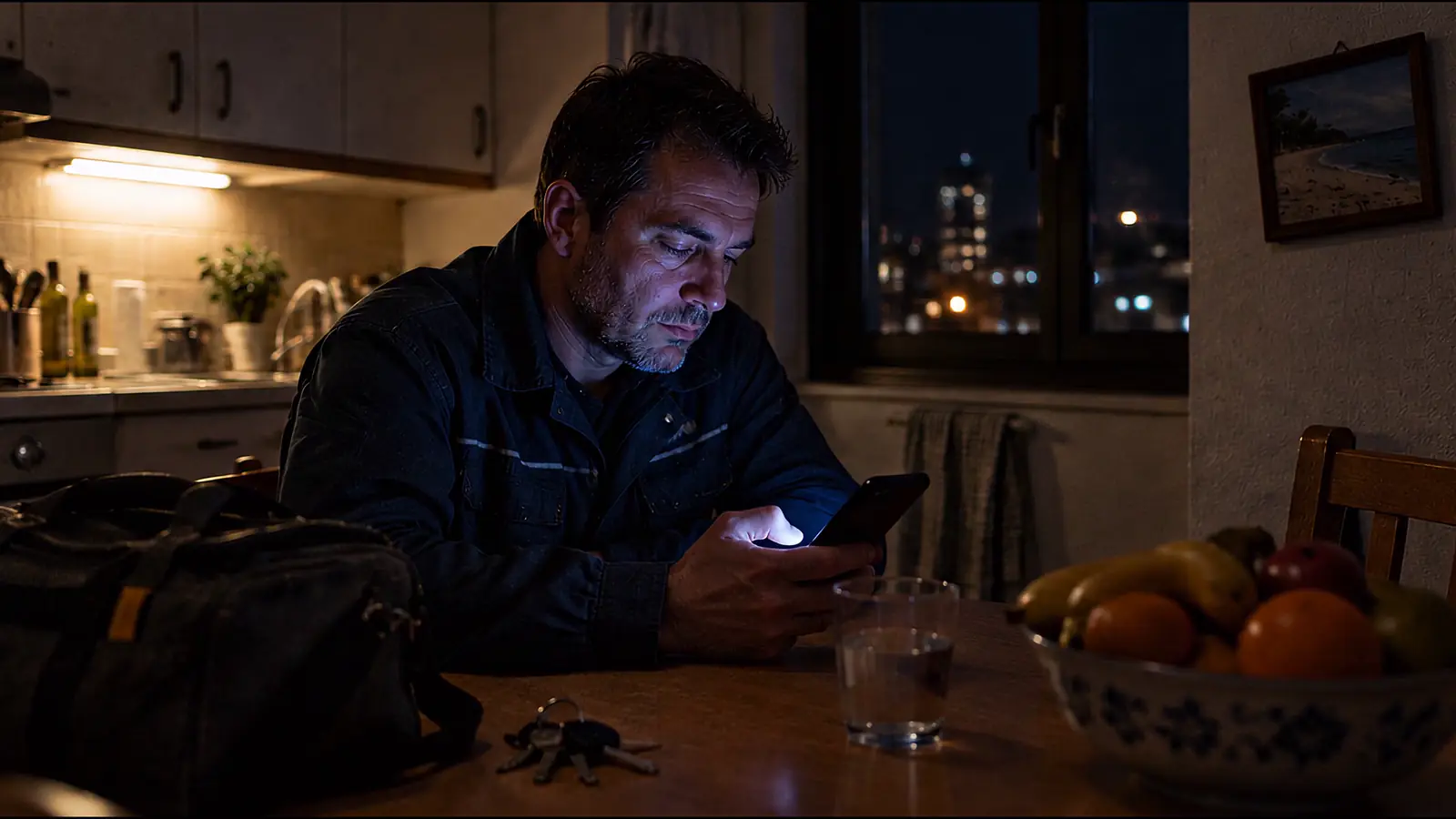Instalador leyendo mensajes en el móvil por la noche en su cocina