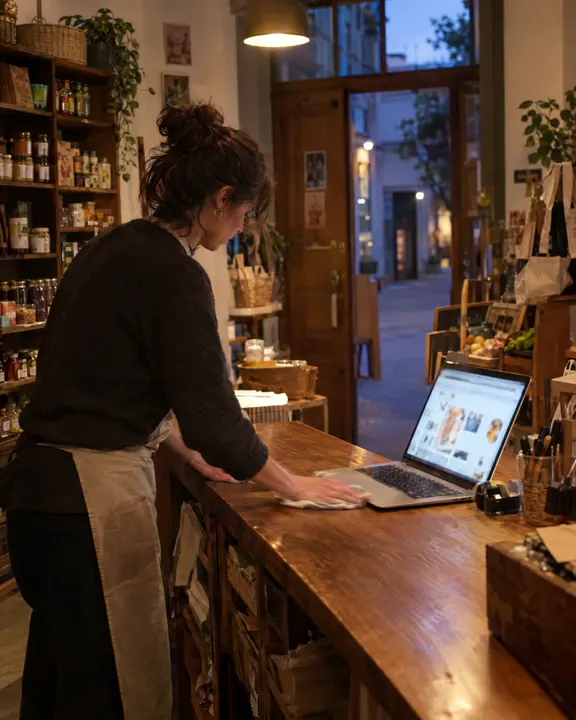 La dueña de una tienda recoge el mostrador al cerrar mientras la web sigue atendiendo en el portátil
