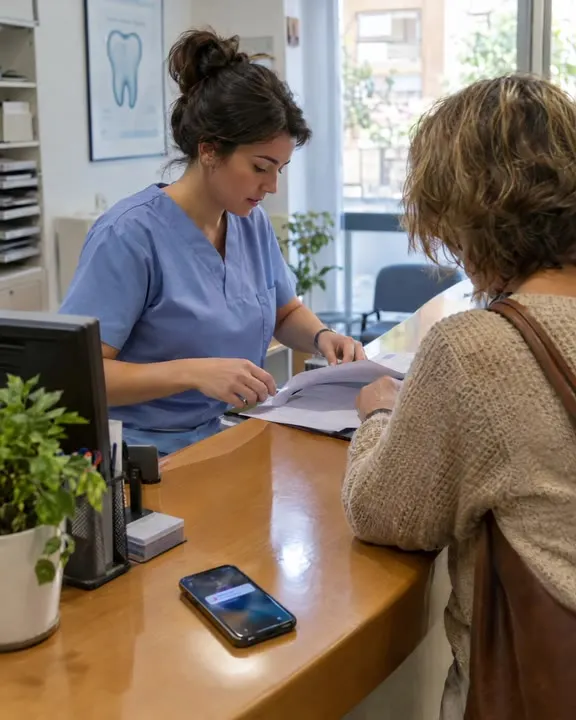 La recepcionista de una clínica atiende a una paciente mientras el móvil se ilumina en el mostrador