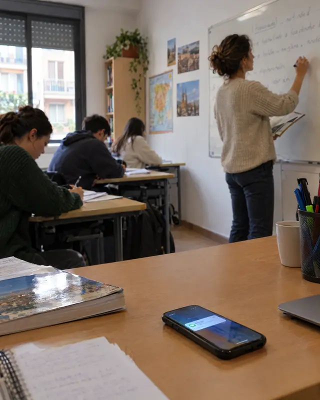 Una profesora escribe en la pizarra mientras el móvil se ilumina en su mesa
