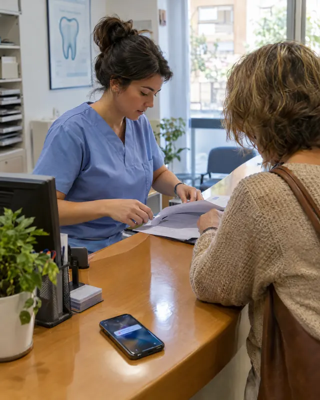 Una recepcionista de una clínica dental atiende a una paciente mientras el móvil se ilumina en el mostrador