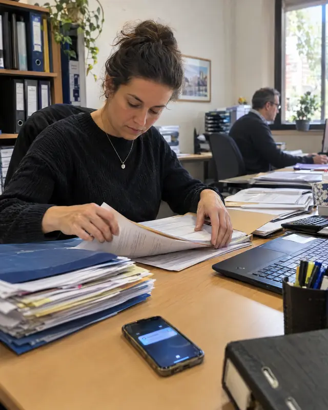 Un asesor ordena carpetas y documentos mientras el móvil se ilumina en la mesa