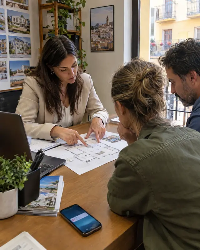 Una agente inmobiliaria enseña un plano a una pareja mientras el móvil se ilumina en la mesa